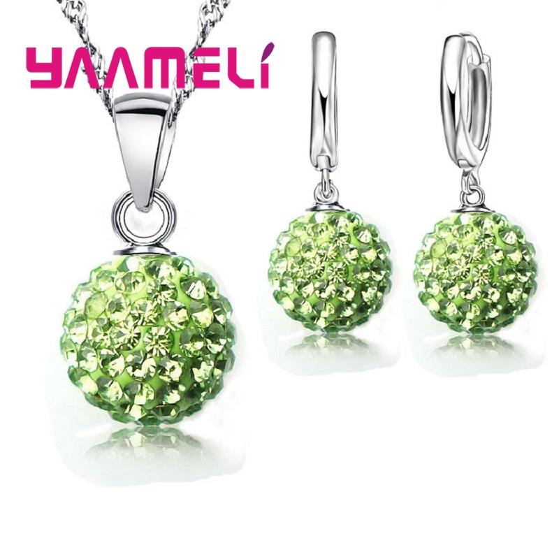 925 Sterling copper Stamped Bridal Zircon Sets Women Girls Wedding Gifts Austrian Crystal CZ Disco Ball Necklace Hoop Earrings