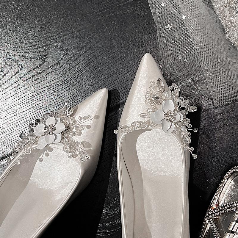Fashion White Rhinestone High Heels for Women Wedding Bridal Shoes French Floral Dress Pumps