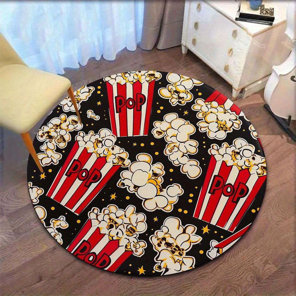 Popcorn Bucket Movie Night Entertainment Round Rug Cinema Snack Pattern Flannel Carpet For Home Theater Gaming RoomFunPopCulture