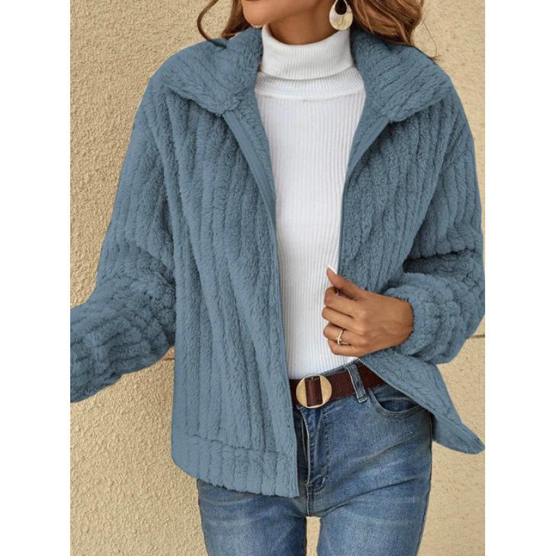 HNXC Women's Fashionable Solid Color Warm Striped Versatile Plush Cardigan Long-sleeved Short Coat for Women