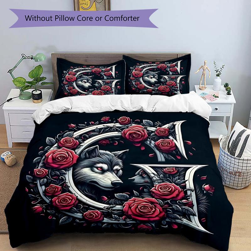

3pcs Wolf and Roses Printed Bedding Set, Soft and Comfortable Quilt Cover for Bedroom, Guest Room (1 Duvet Cover + 2 Pillowcases 135x200cm