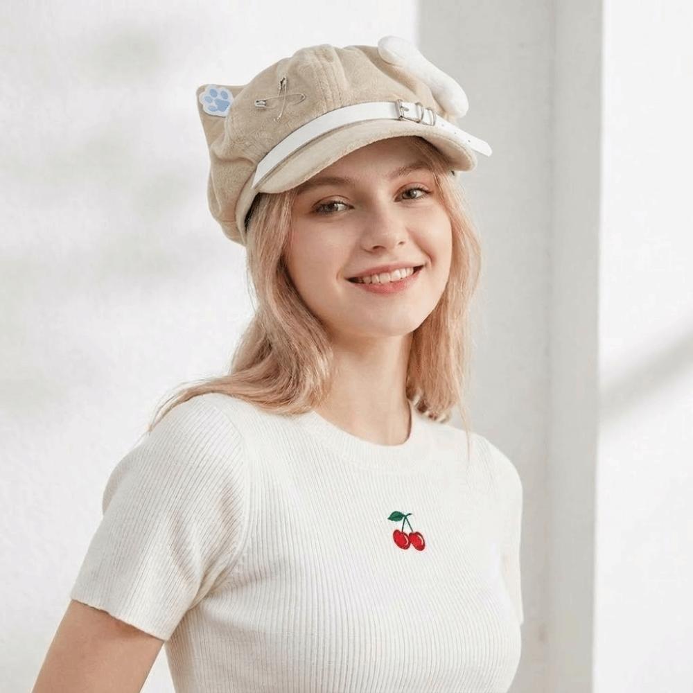 Popular Cat Ears Women'S Beret Anime Japanese Style Newsboy Cap Sweet Cat Paw Pattern Baseball Cap Everyday Outfits