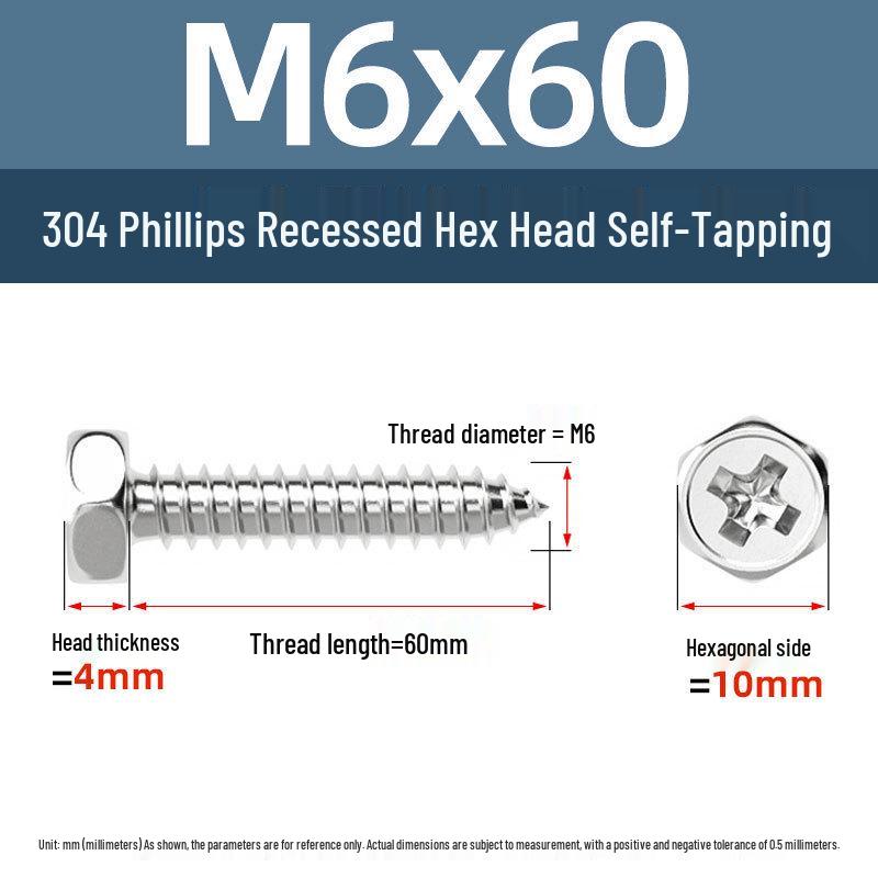 Yigu 304 Stainless Steel Phillips Recessed Hex and Slotted Self-Tapping Screws for Wood, M3-M8