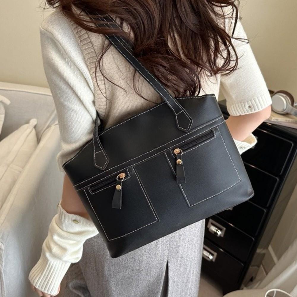 PU Leather Double Pockets Commuting Bag Large Capacity Handbag Trend Underarm Bag Travel