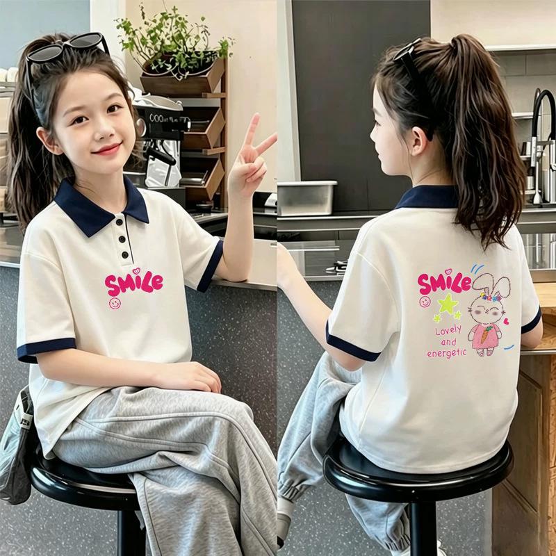 Korean Style Girls' 2026 Summer Cotton Polo Shirt: Color Blocked Lapel Short Sleeve T-shirt for Medium and Large Children