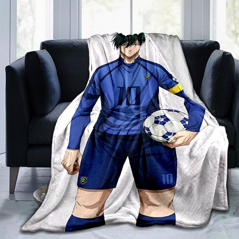 1pc Soccer Player Blue Kit Flannel Blanket Soft Warm Throw Blanket for Bedroom Living Room Bed Travel Camping Picnic Gift. MT71501140