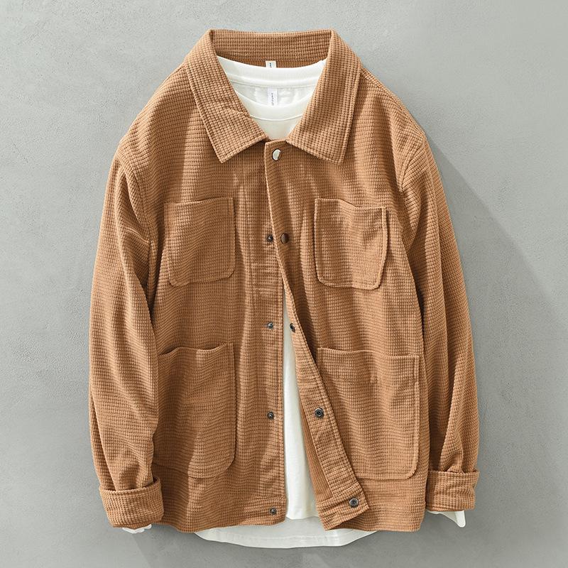 

Men s Japanese Retro Waffle Texture Long Sleeve Workwear Shirt L жёлтый