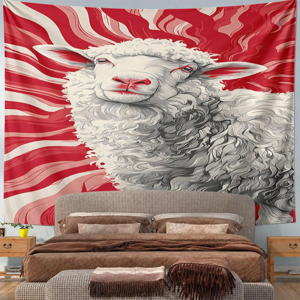 Majestic Sheep with Red Abstract Background Pattern Wall Hanging Tapestry Decorative Tapestry Home Decor for Bedroom and Living Room