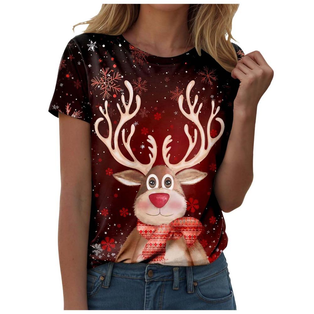 Women's Christmas Printed Casual Round Neck Short Sleeved T-shirt