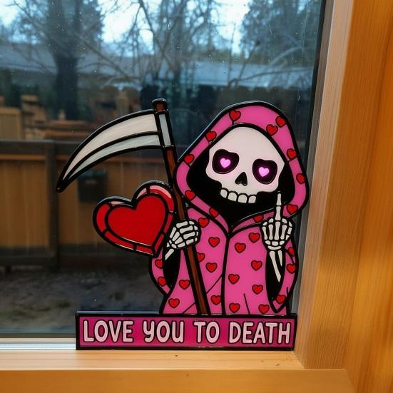 Love You To Die Grim Reaper Window Corner Sticker Vintage Pink Grim Reaper Decal for Windows Walls Bedroom Coffee Shop Decor