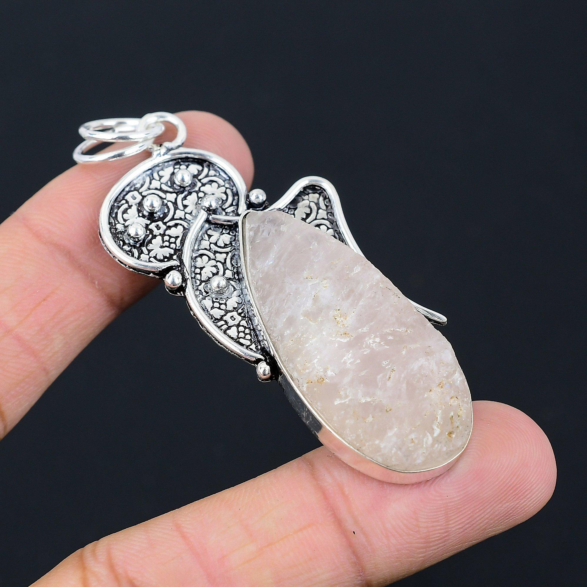 Daughters Day Sale Sterling Silver Rose Quartz Rough Gemstone Elegant Pendant