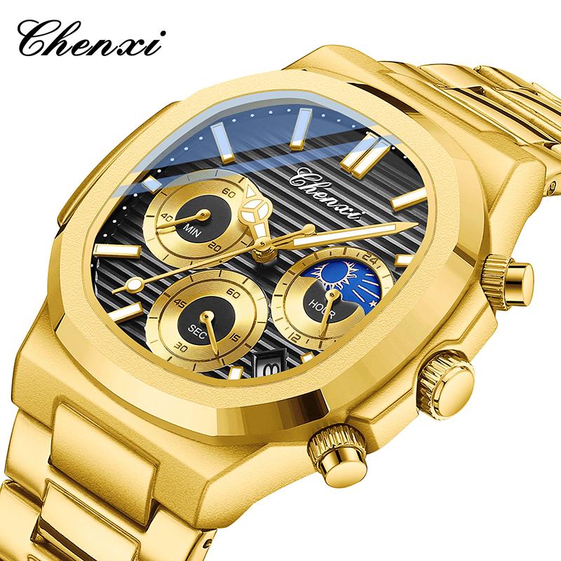 Original CHENXI Men Watches Gold Stainless Steel Waterproof Quartz Chronograph Date Luxury Watch For Men Relogio Masculino
