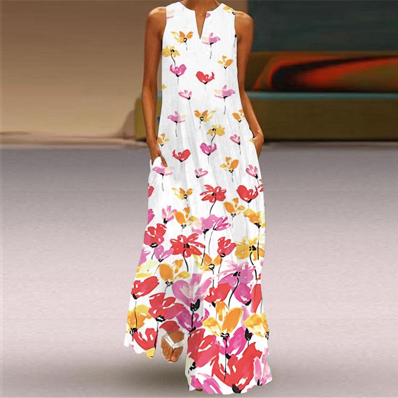 Robe longue d'été sans manches, grande taille, col en V, coupe trapèze, imprimée, décontractée, ample, élégante, mode vintage, robe de plage, 5XL, 26418