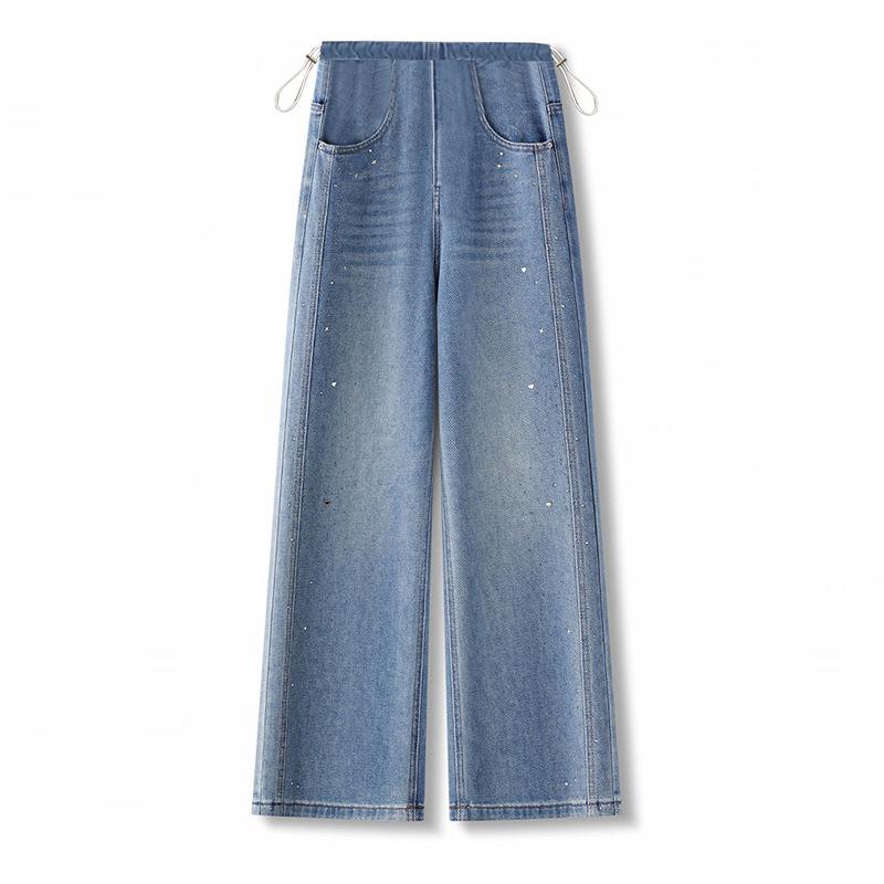 2026 Korean Style Maternity High-Waisted Blue Rhinestone Straight Leg Jeans L