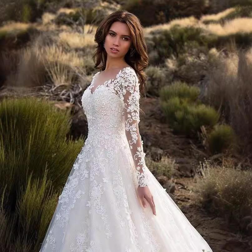 Customized Batch 2025 Spring New European and American Women's Clothing Amazon Long-sleeved One-word Shoulder Bridal Wedding Dress Dress