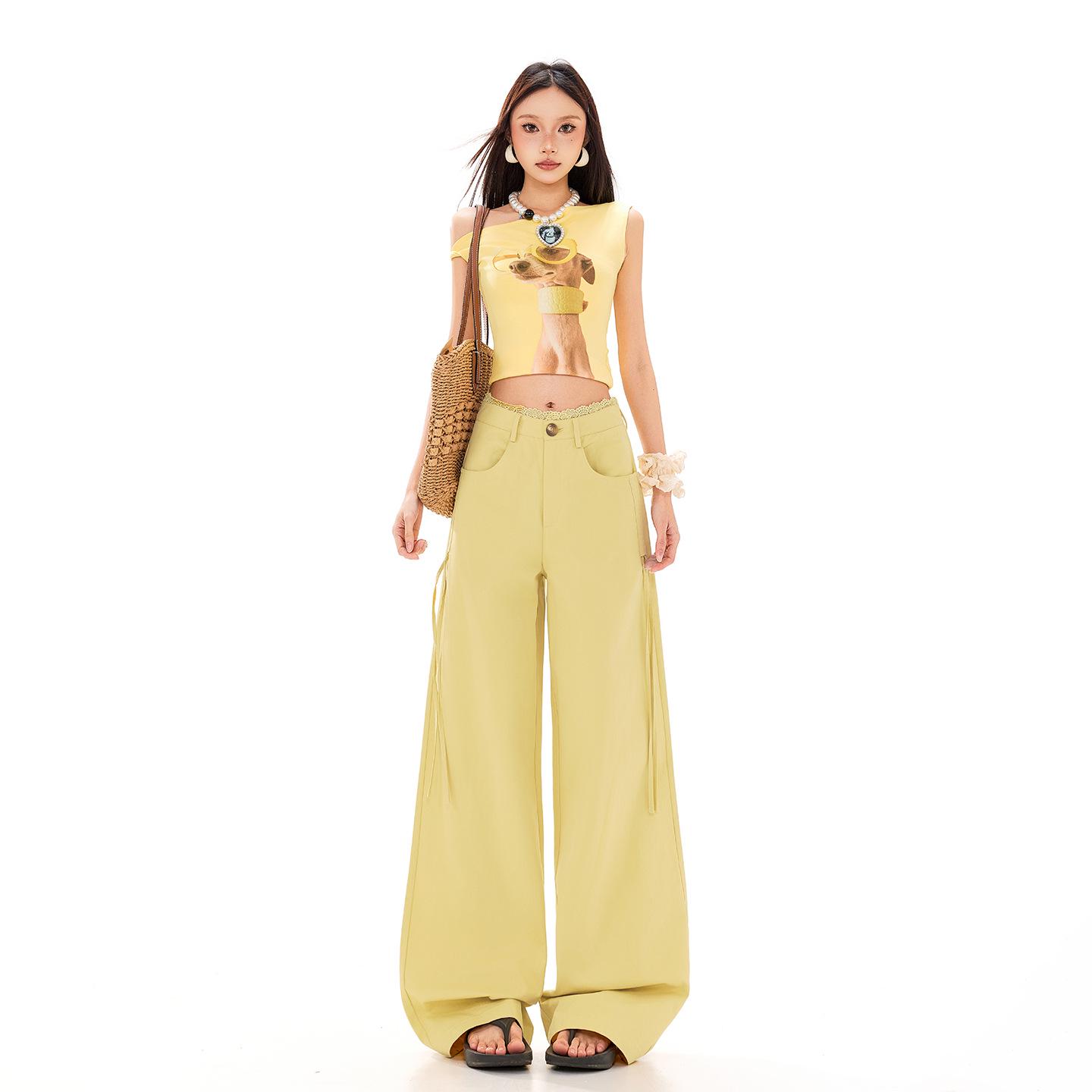 

2026 Spring Lace Trim High Waist Loose Fit Slimming Women s Casual Pants Medium