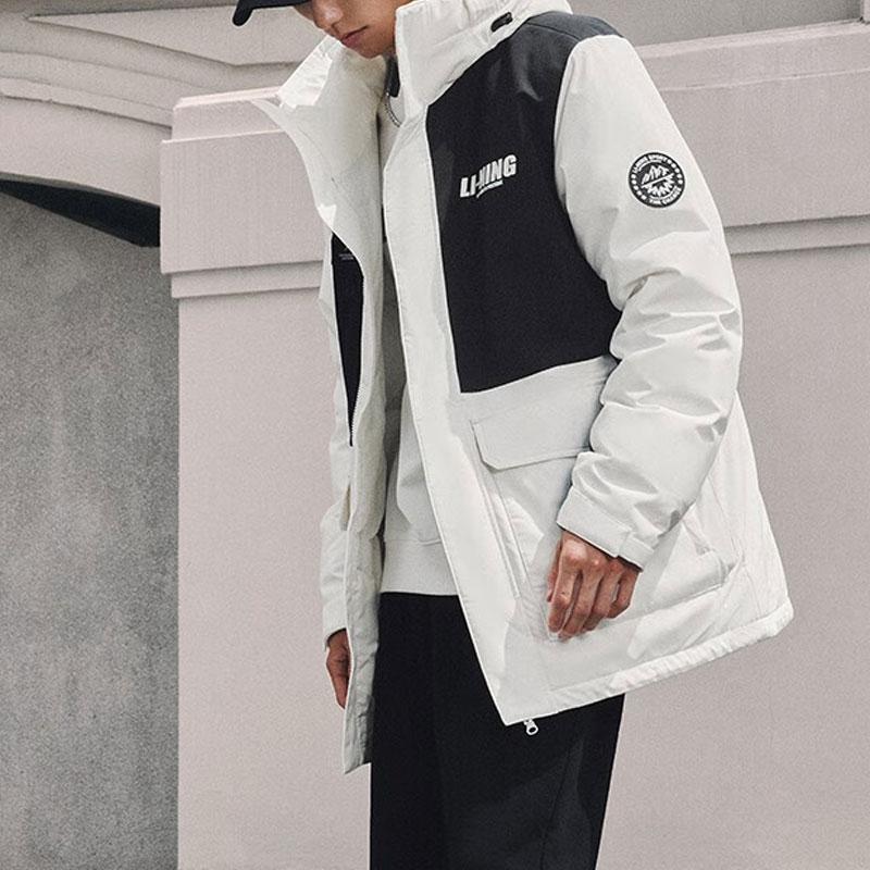 Li Ning Color Block Hooded Mid-Length Down Jacket Men Outerwear Off-White AYMT325-5