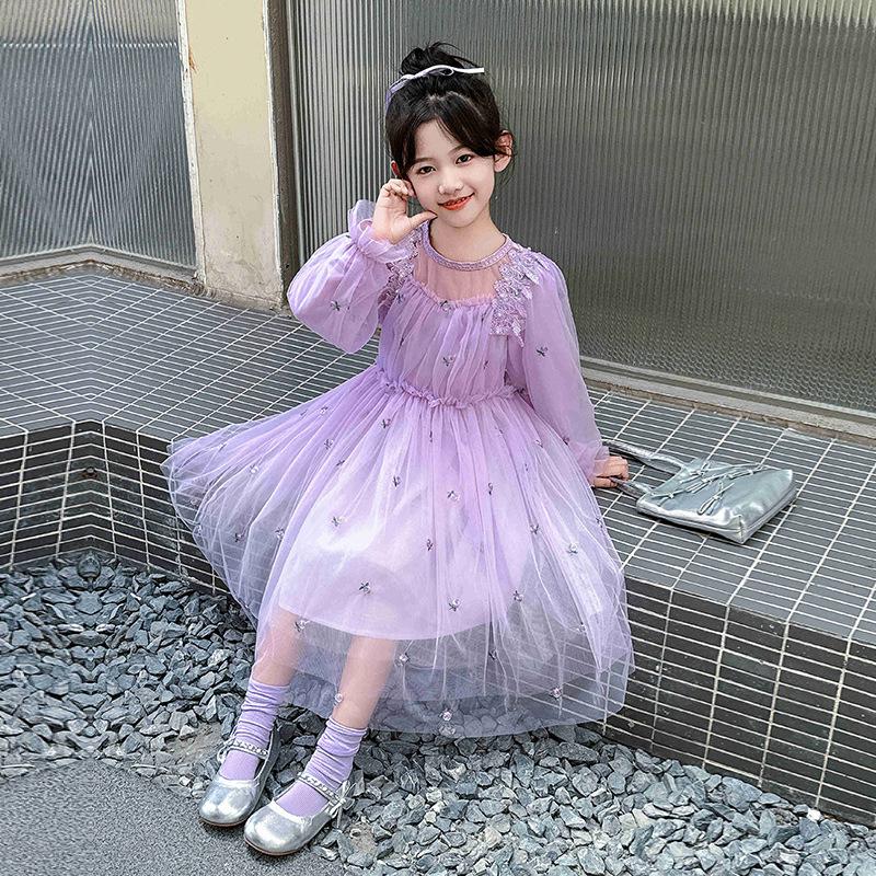 

Платье для девочки Весеннее и осеннее платье из сетки с цветами Детское платье принцессы 130 фиолетовый
