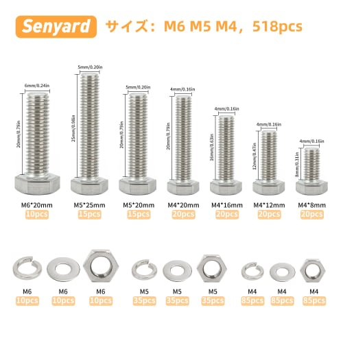 Senyard Rust-Resistant Hex Bolt and Nut Set, 518-Piece Set of M6, M5, and M4 Hex Screws, Includes Stainless Steel Bolts, Nuts, Washers, and M4 Screws,