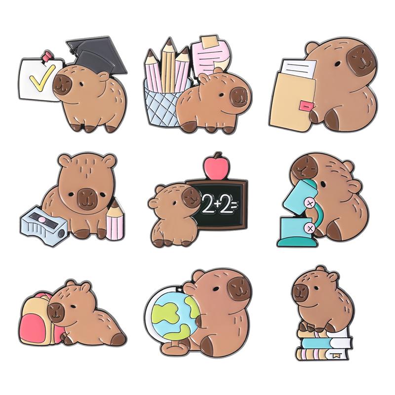2-9pcs/set Cute Capybara Enamel Pins Creative Cartoon Animal Brooch Lapel Badge Funny Jewelry Accessories Gifts For Kids Friends