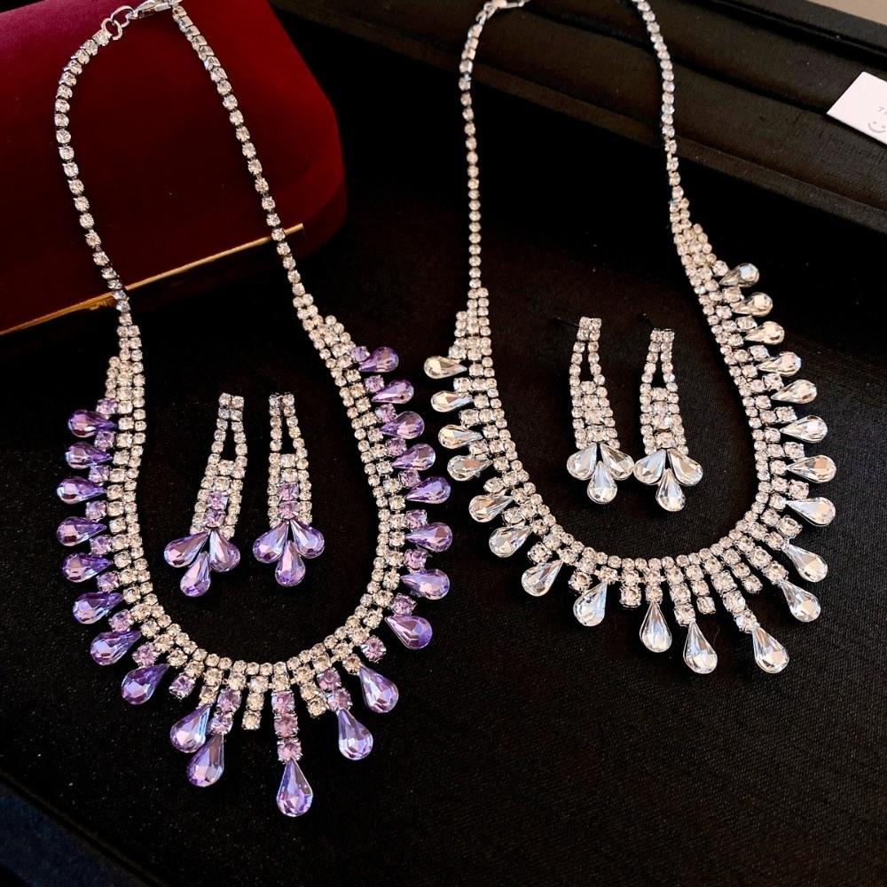 Water Drop Rhinestone Jewelry Set Shiny Inlaid Tassel Necklace Earrings Set Luxury Exquisite Crystal Necklace Set Women