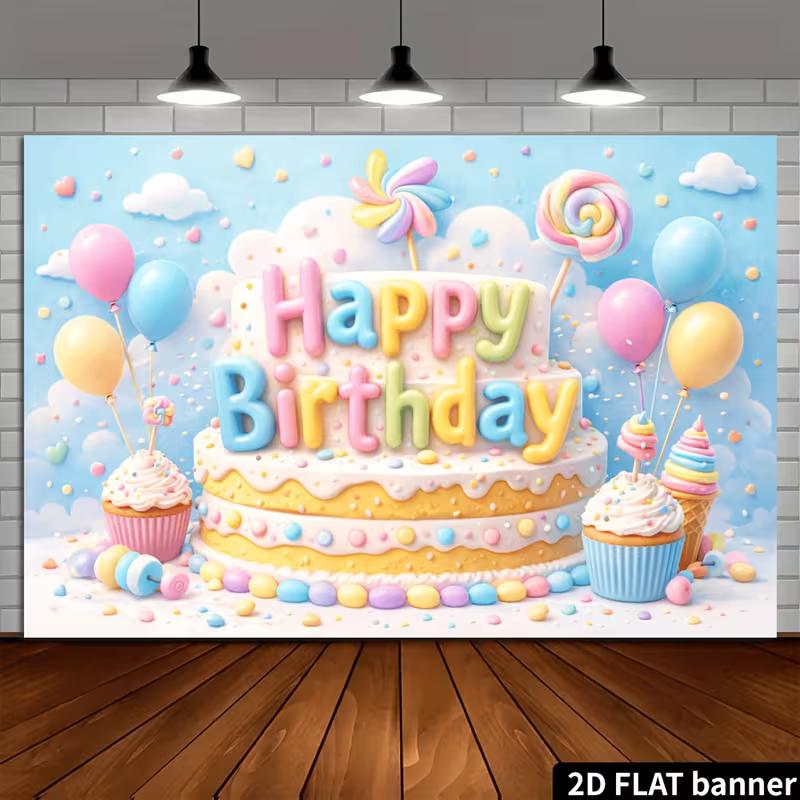 2D Pastel Happy Birthday Backdrop with Cake Photography Background