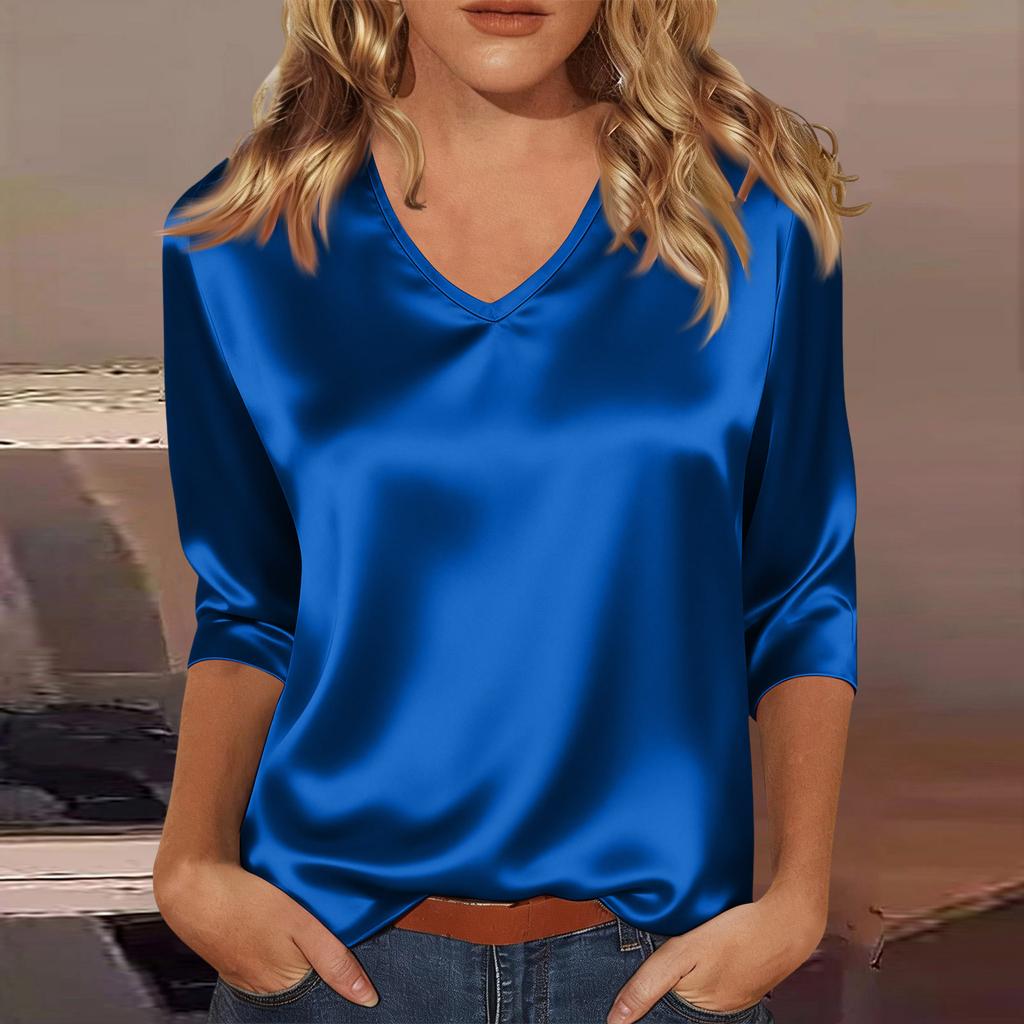 Women's V-neck Three-quarter Sleeve Satin Shirt Top, Lightweight For Spring And Summer