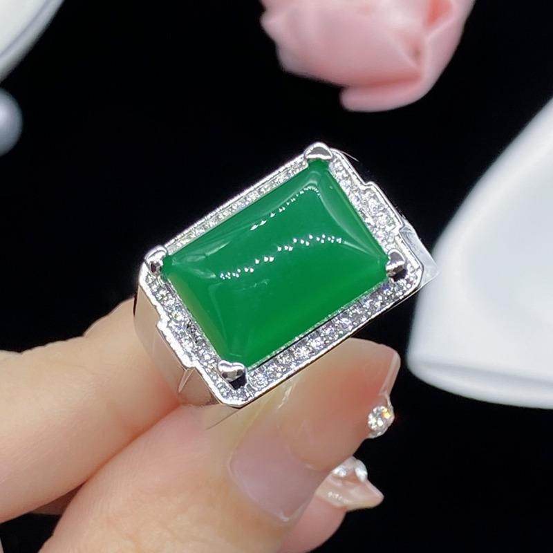 BELLA BOX Artificial Natural Ice Seed Chalcedony Opening Men's Ring Temperament Full Of Diamond Men's Finger Opening Can Be Adjusted