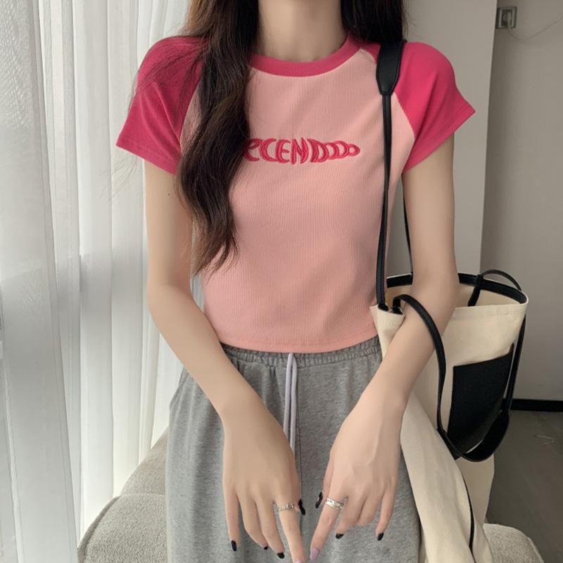 

Летняя мода, цветная блокировка, вышивка буквами, женские футболки Femme Harajuku, повседневная тонкая одежда из чистого хлопка, розовая одежда, футболка, женский укороченный топ, уличная одежда