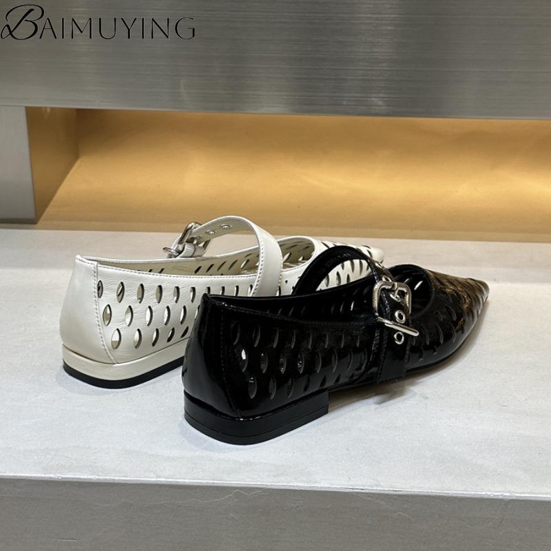 Spitze Zehenpartie Ausgeschnittene Sandalen Damen Mary Janes Schuhe Niedrige Absätze Sommer 2025 Trend Flach Klobig Leder Schnallenriemen Kleid Party