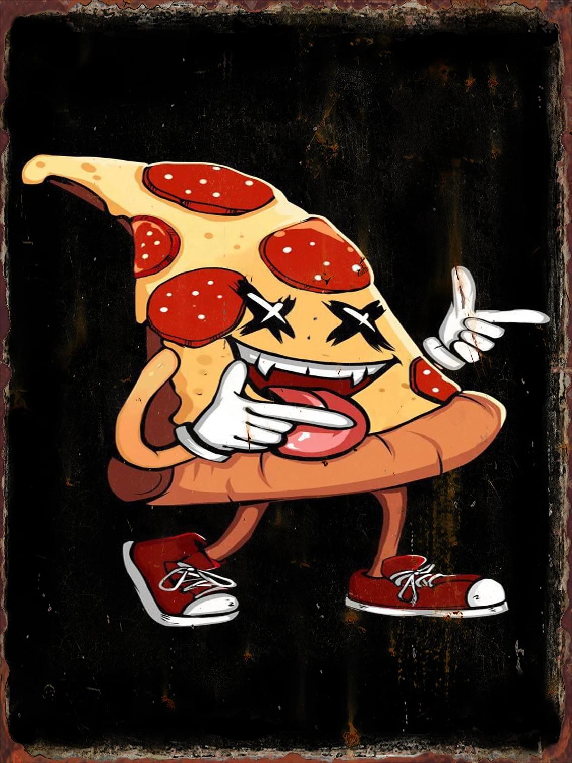 Мультяшный постер Пицца Металлическая жестяная табличка Вкусные смешные картинки для декора продуктового магазина Эстетика Настенная декоративная табличка Украшение комнаты 20x30cm（7.8x11.8inch）