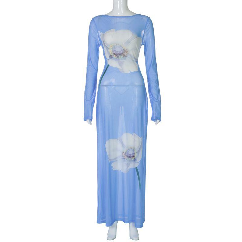 

2025 Summer New Arrival Fashion Ins Style Women s Clothing Sexy Sexy Mesh See-through Bare Back Tied Dress Blue S