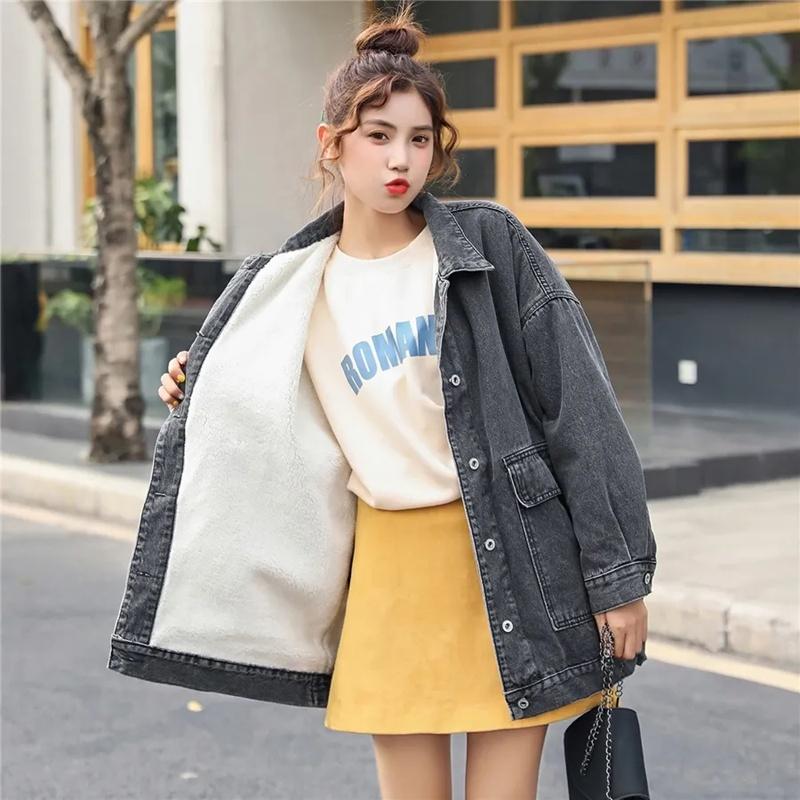 Lammhaar-Jeansjacke für Damen, Herbst und Winter, hundert Jahre alte koreanische Version von Loose Bf Plus Down Thickened Tops Ins Tide S schwarz