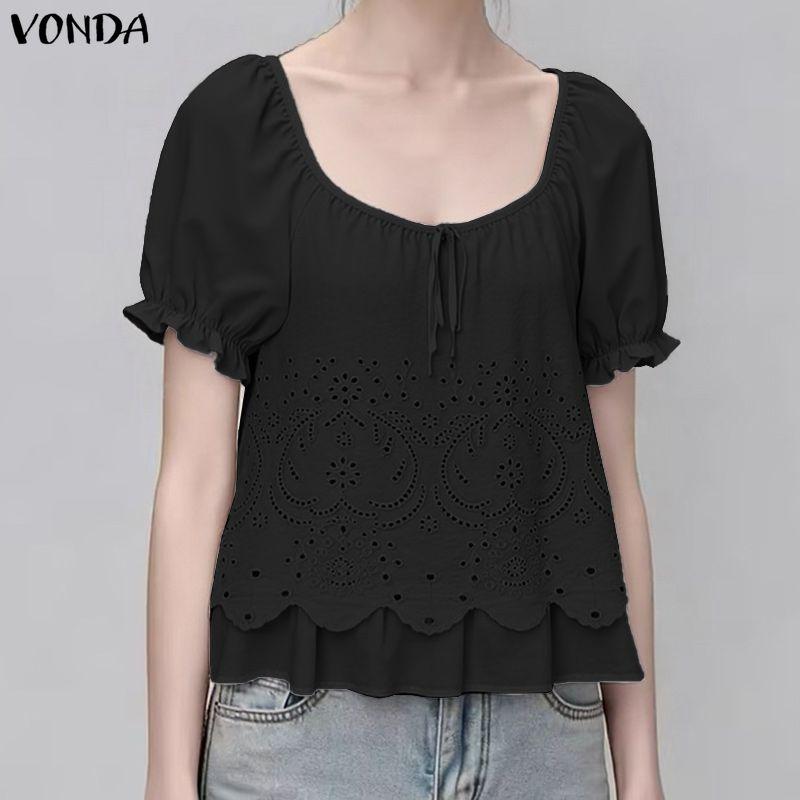 VONDA Camicie Bluse Casual Estive da Donna con Scollo a U, Intreccio di Pizzo all'Uncinetto sul Davanti, Manica Corta