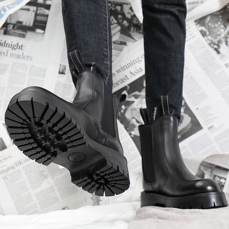 2025 Frühling Herbst Echte Lederschuhe Herren Chelsea Boots Flache Rutschfeste Stiefeletten Rindsleder Herrenschuhe Reines Schwarz D350