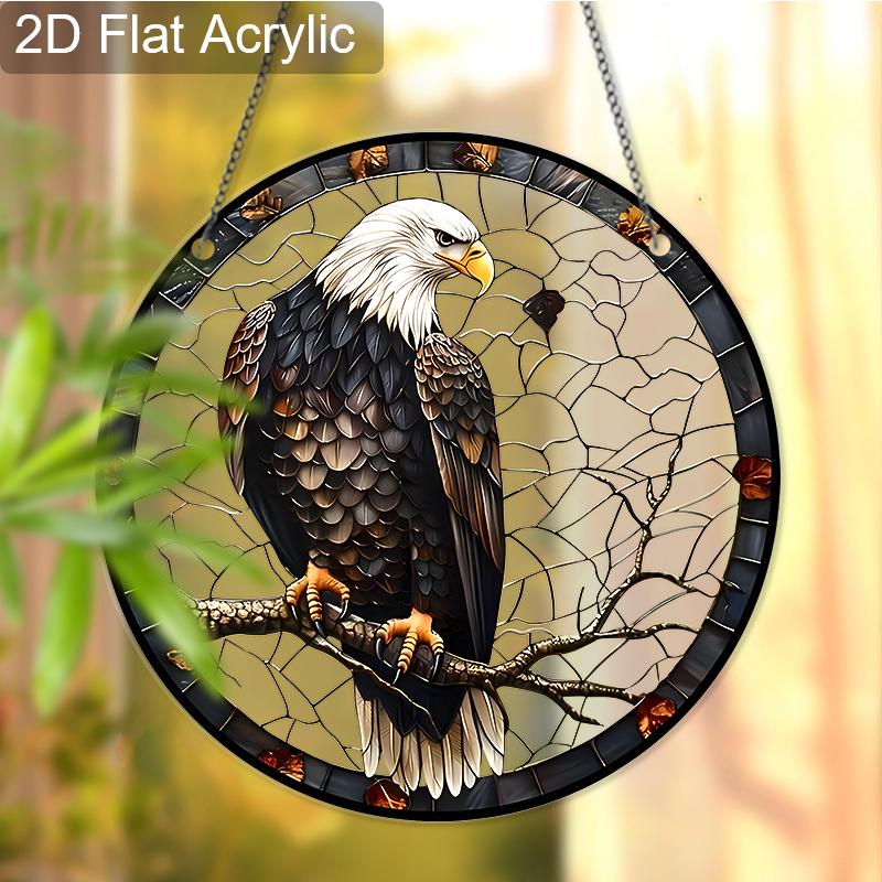 Acrylic Bald Eagle on Branch Suncatcher, Stained Glass Effect Window Hanging Ornament for Bird & Wildlife Lover Gifts
