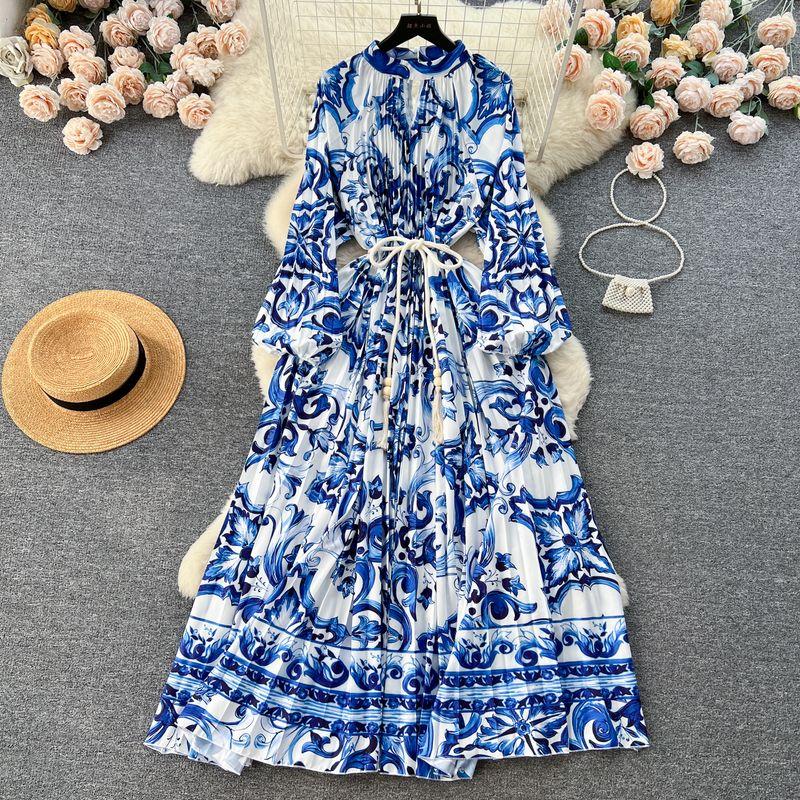 Palace Style Round Neck Print Lantern Sleeve Loose Dress