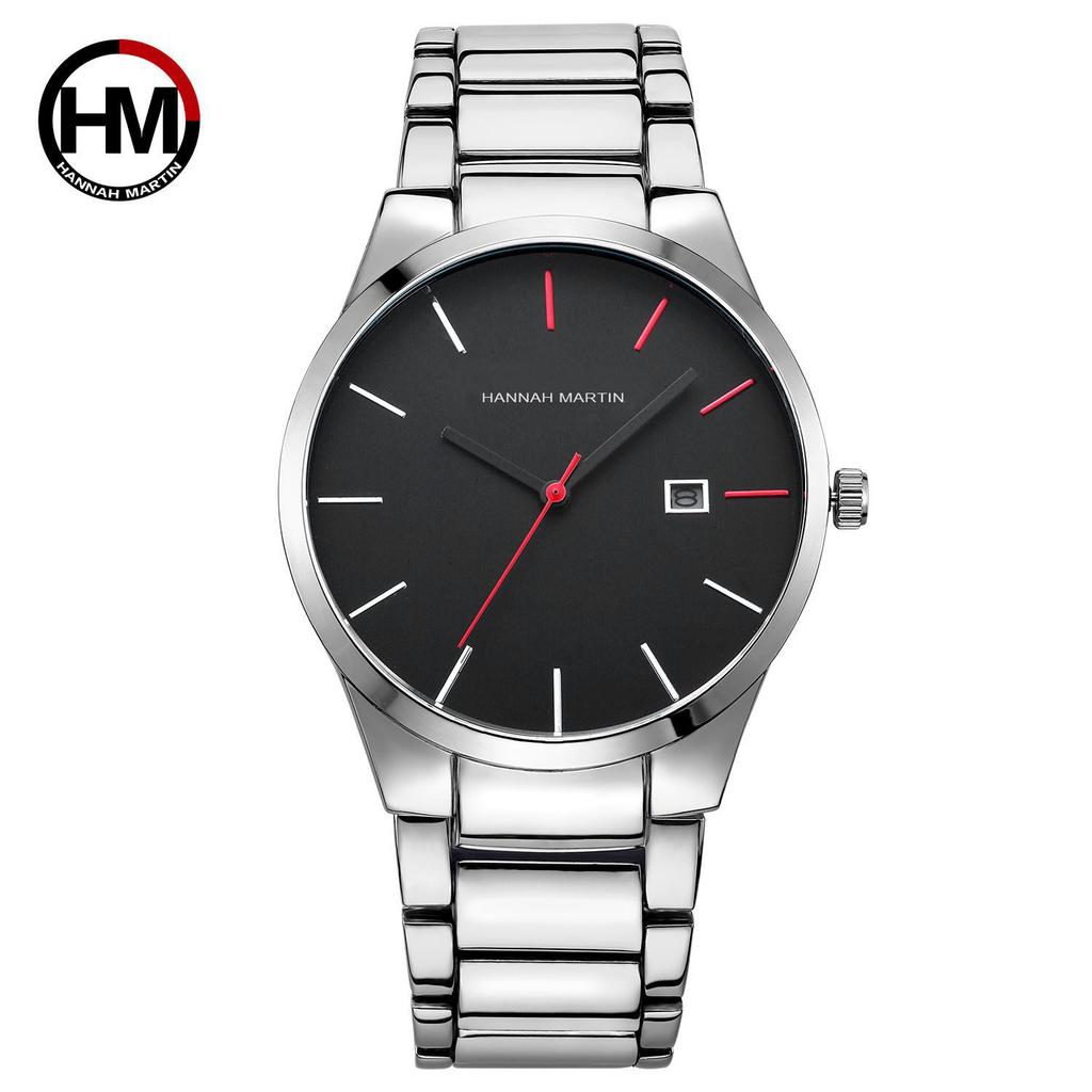 HannahMartin Men's Waterproof Watch fashion Silver Stainless Steel Belt Quartz Watch Large Dial