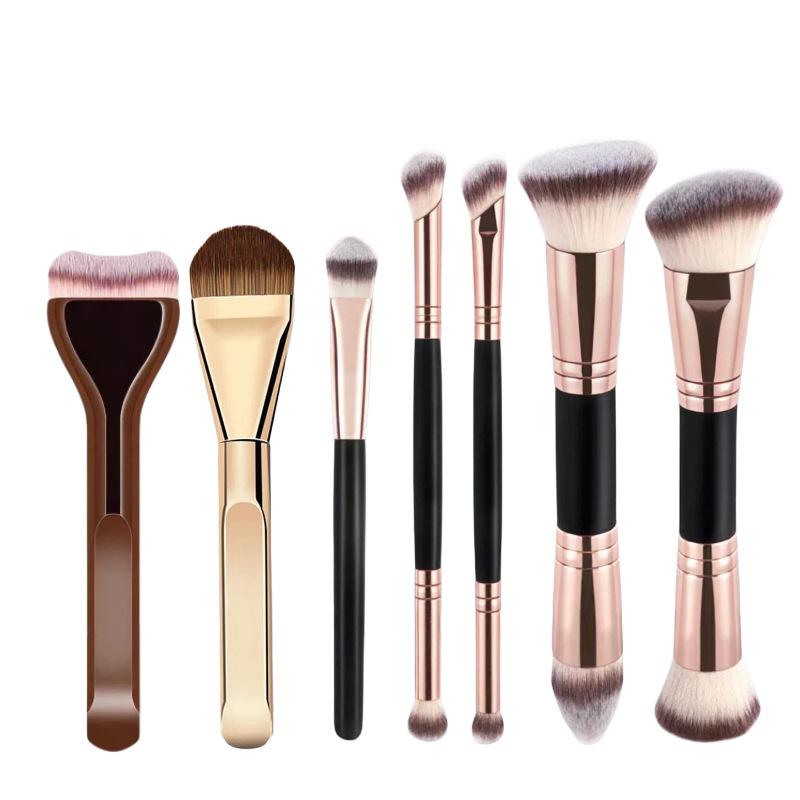 Dual-Head Makeup Brush Set: Foundation, Blush, Loose Powder Brushes In Coffee Color.