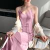 Women Mid Dress Satin Spaghetti Strap V Neck Basic Sleeveless Dress-up Backless High Waist Elegant Lady Summer Dress Women  Clothes