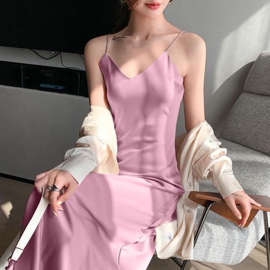 Women Mid Dress Satin Spaghetti Strap V Neck Basic Sleeveless Dress-up Backless High Waist Elegant Lady Summer Dress Women  Clothes