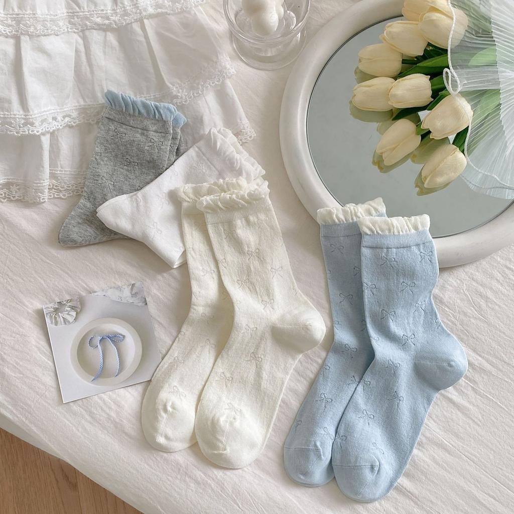 Wind White Bow Bubble Pile Socks Summer Mesh Thin Socks Boneless Lace Anti-Pilling