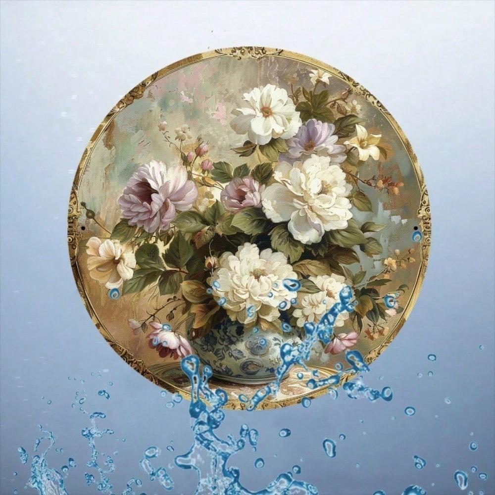 Metal Wall Art Round Floral Bouquet Rustic Home Decor Golden Aluminum Sign 7.87 Inch For Office Kitchen Garden