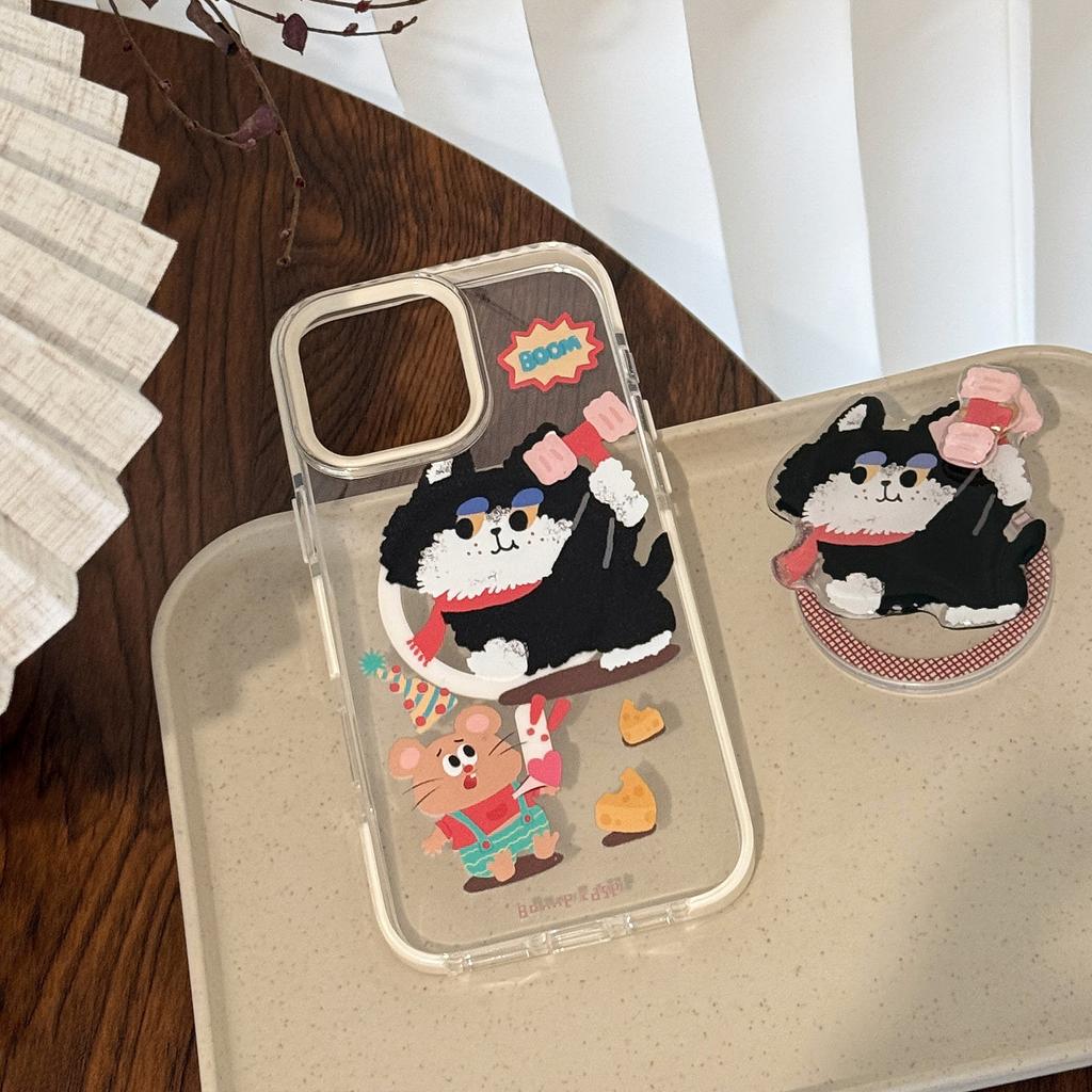 Magnetic Cartoon 16promax Transparent IPhone 15 Mobile Phone Case Suitable for 13 Hammer Cat Rotating Bracket 14 Soft
