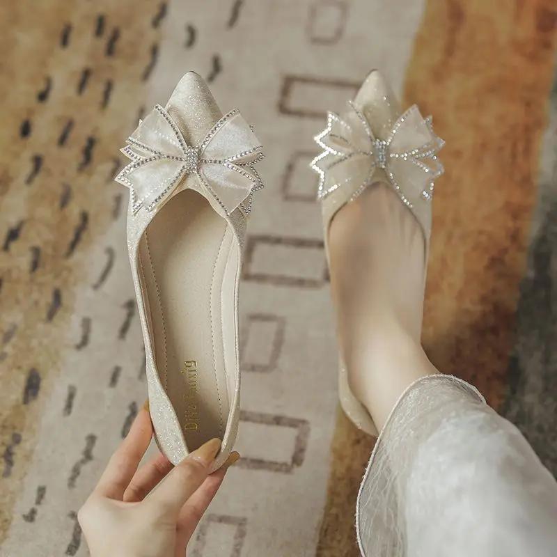 Fashion French Style Elegant Party Woman Flats With Bow Slip-on Pointed Toe Lastest Summer 2025 Quick Delivery Shoe Non Shoes for Women