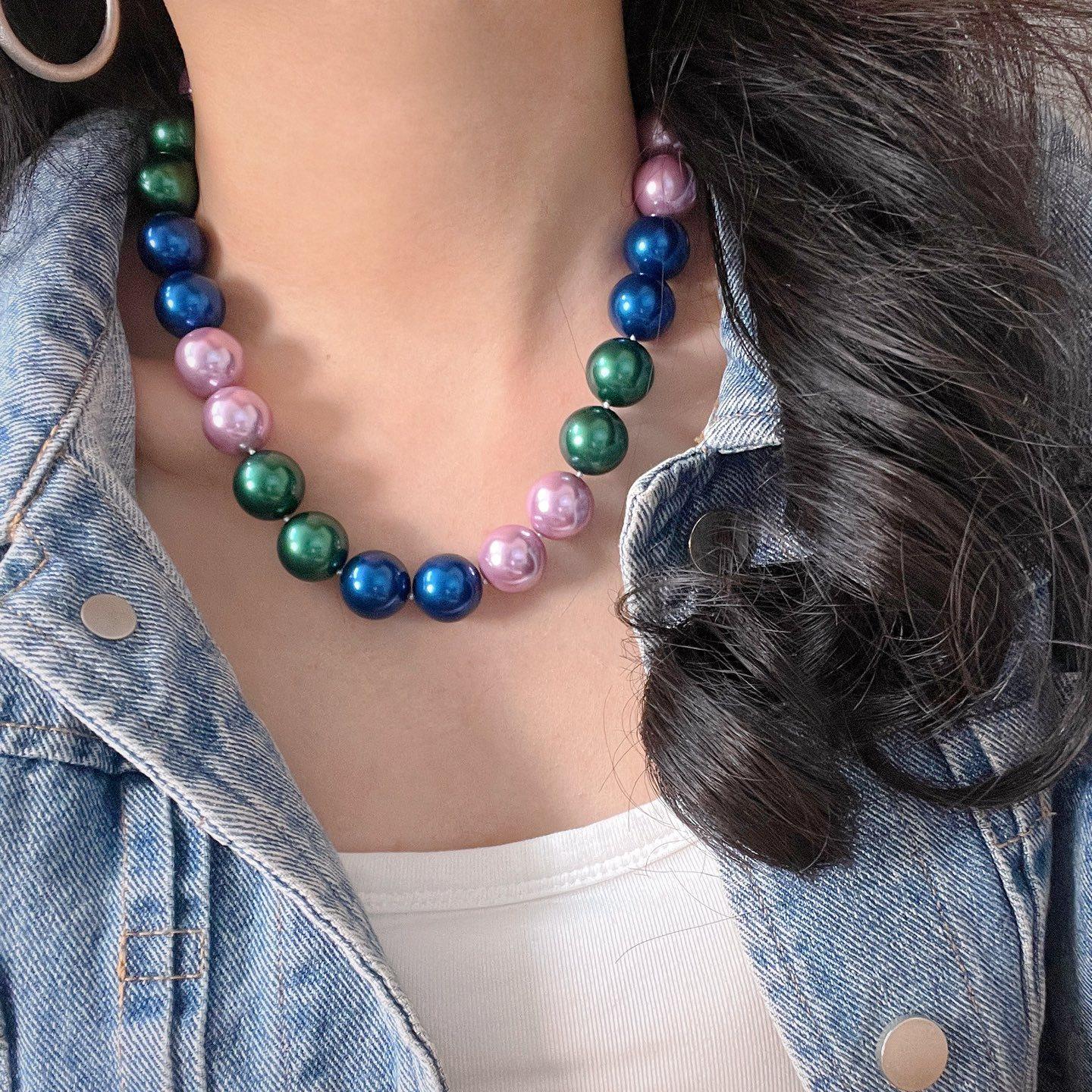 Vintage 16Mm Large Granular High Quality Morandi Malachite Green Blue Artificial Crystal Pearl Necklace Clavicle