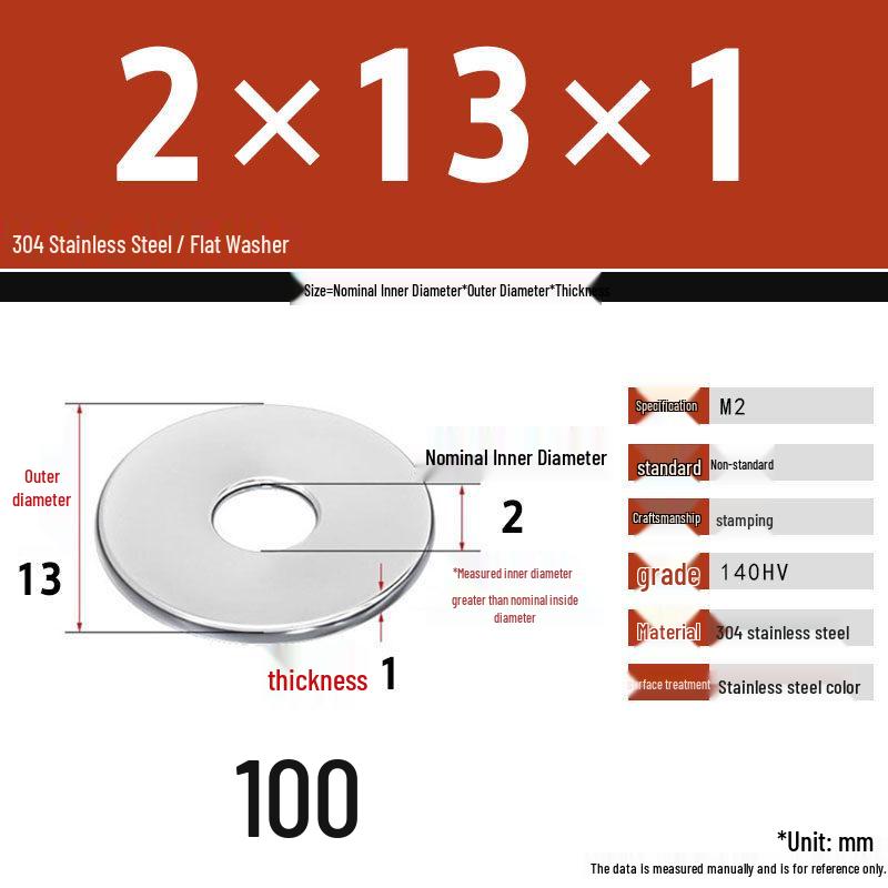 304 Stainless Steel Thickened Flat Washer Set, Sizes 2-36