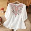 Women's V Neck Three Quarter Sleeve Loose Fit Cotton Linen Blouse Vintage Embroidered Pullover Top