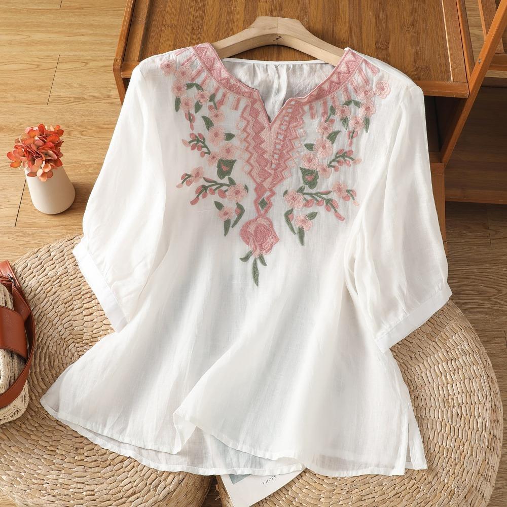Women's V Neck Three Quarter Sleeve Loose Fit Cotton Linen Blouse Vintage Embroidered Pullover Top