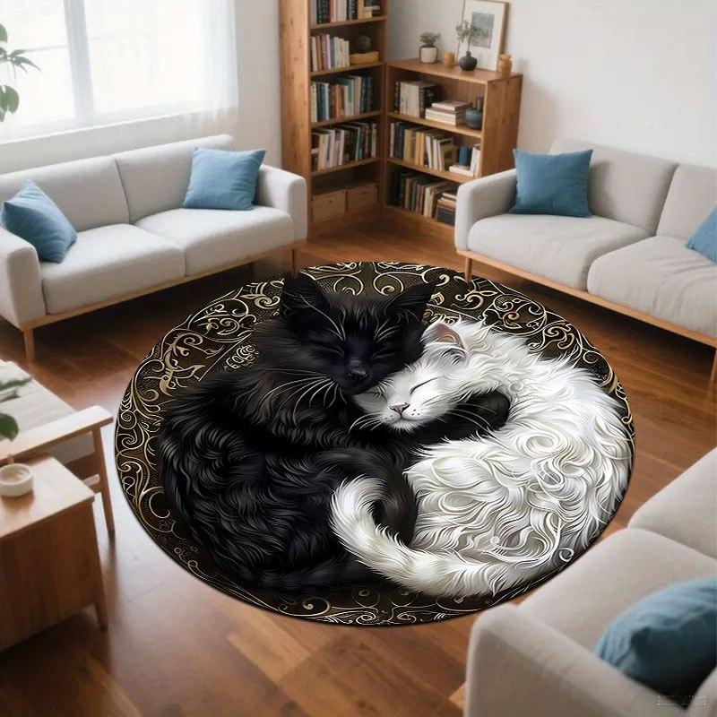Black and White Cat Design Flannel-printed round floor mats are slip-resistant Suitable for room bedroom terrace garden carpets